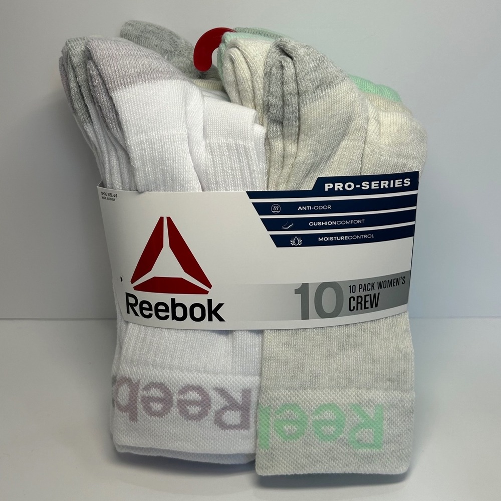 Reebok Womens Pro-Series Crew Socks 10 Pack White Grey Mint Size 4-9 RDW233CR01